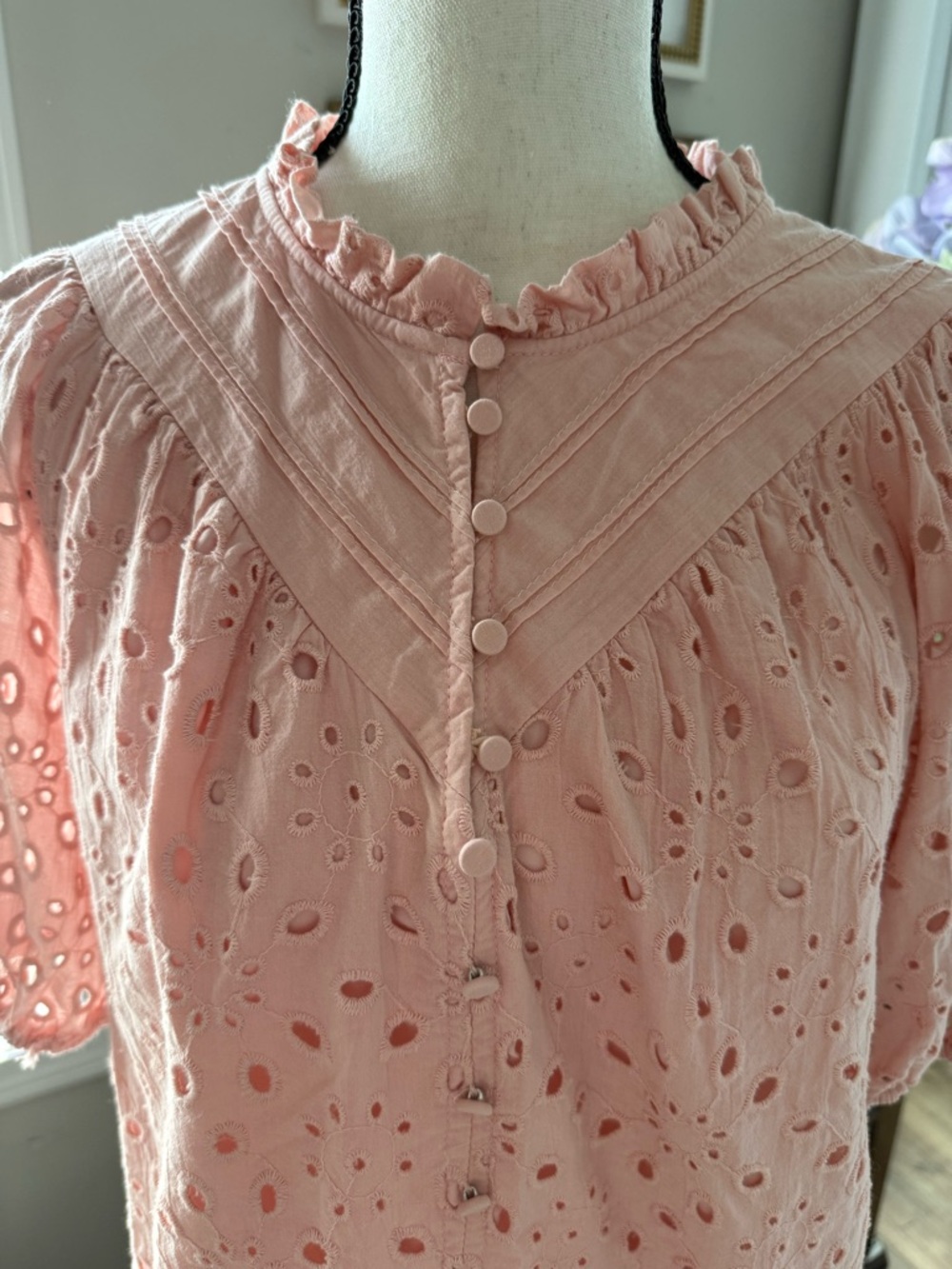 Soft Blush Pink Cotton eyelet top -lined.